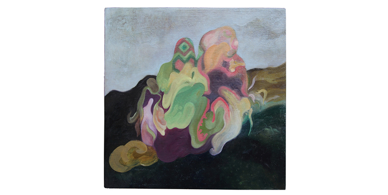 psychedelic ghosts, Sara Welponer oil on wood painting, landscape, somber colours